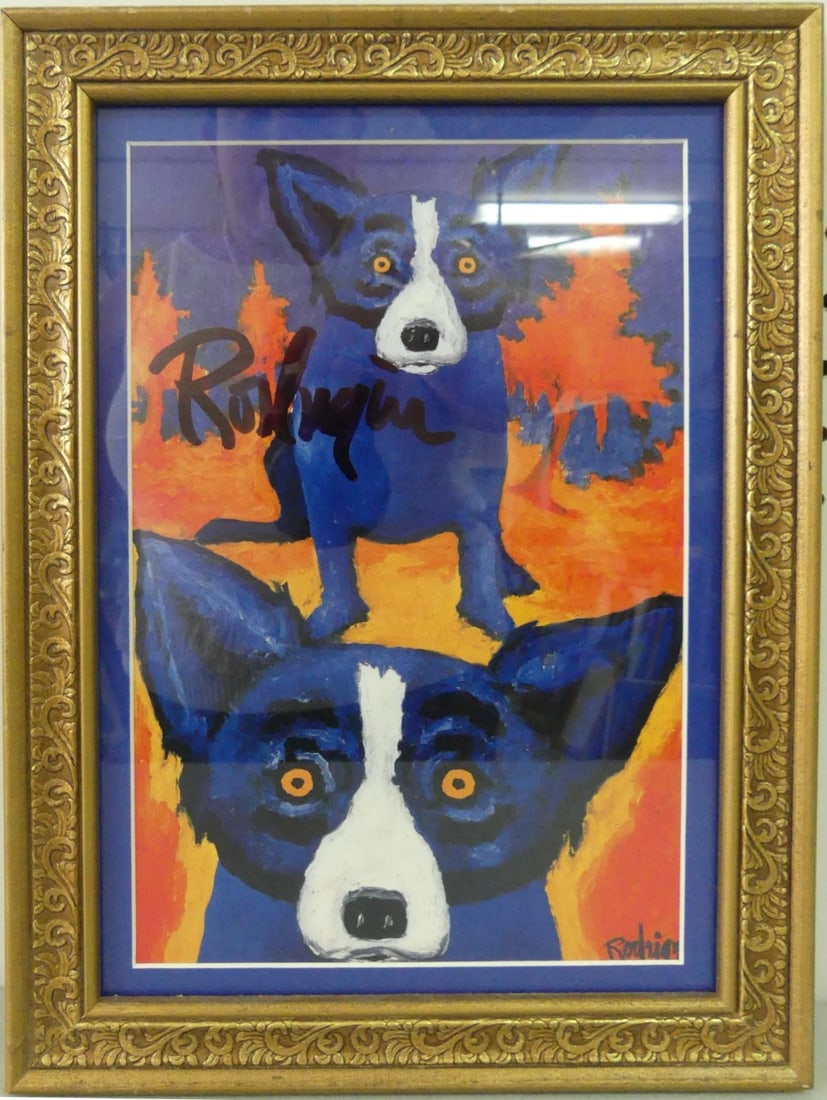 BLUE DOG ON FIERY ORANGE GROUND SIGNED PRINT (1 of 5)
