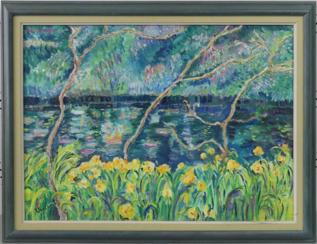 AFTER VAN GOGH OIL PAINTING ON BOARD: Oil painting on board depicting a landscape after Van Gogh. Signed Vincent lower left. Signed Miricia (?) and dated 94 (?) upper left. Viewable measures 29 1/2" x 21 1/2". Frame measures 35 1/2" x 27"