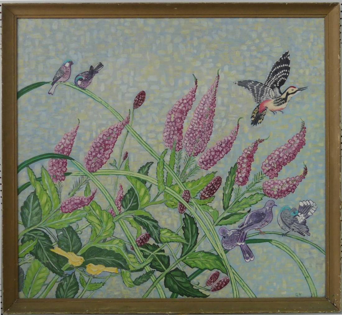 GOLDA HOLLOWAY 'BIRDS & FLOWERS' OIL ON CANVAS: Golda Holloway oil painting on canvas depicting birds and flowers. Initialed GH lower right. Signed, titled and dated 1967 to verso. Viewable measures 43 3/4" x 39 3/4". Frame measures 47 1/4" x 43 1/