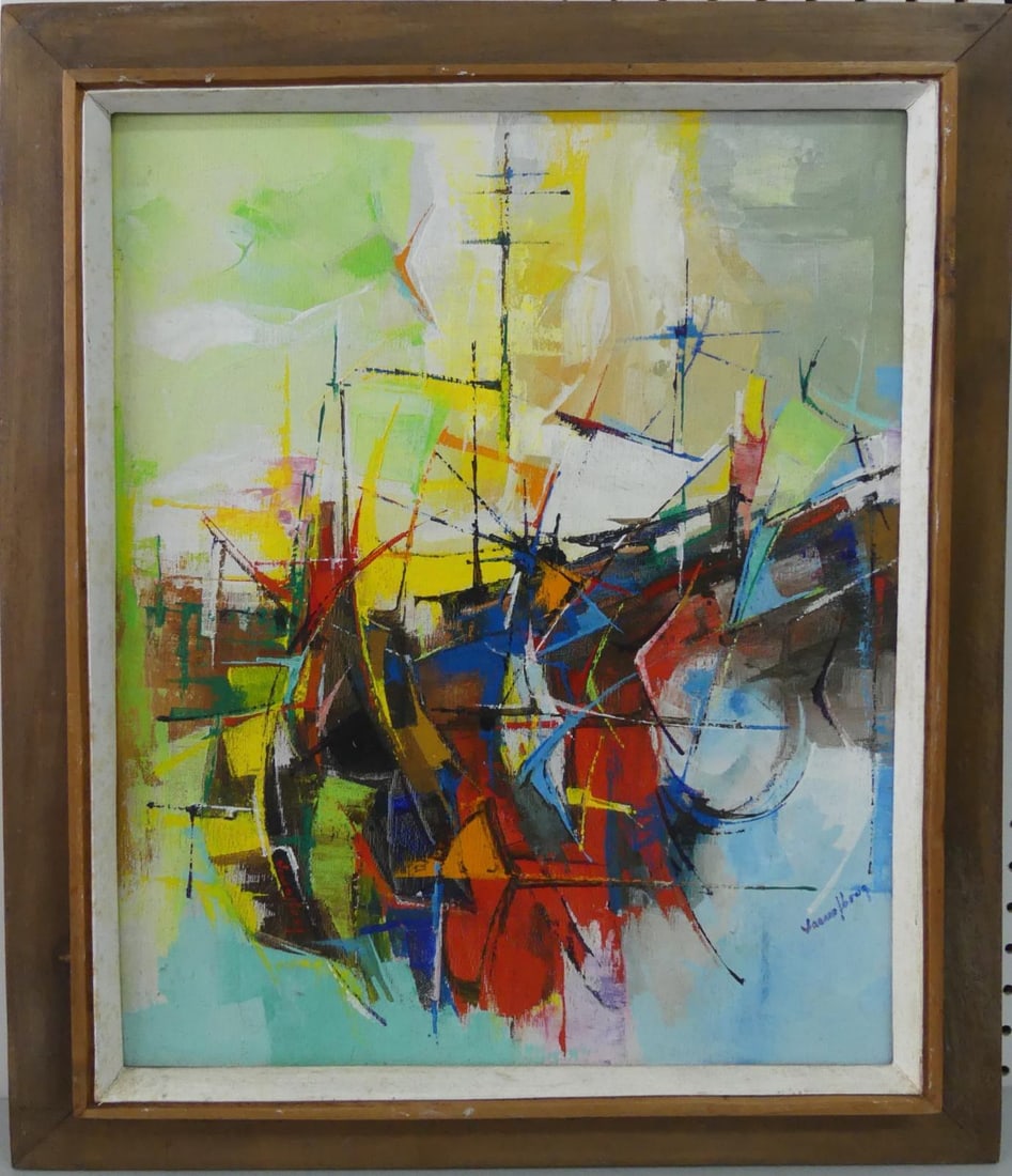 MID-CENTURY ABSTRACT HARBOR SCENE OIL ON CANVAS (1 of 4)