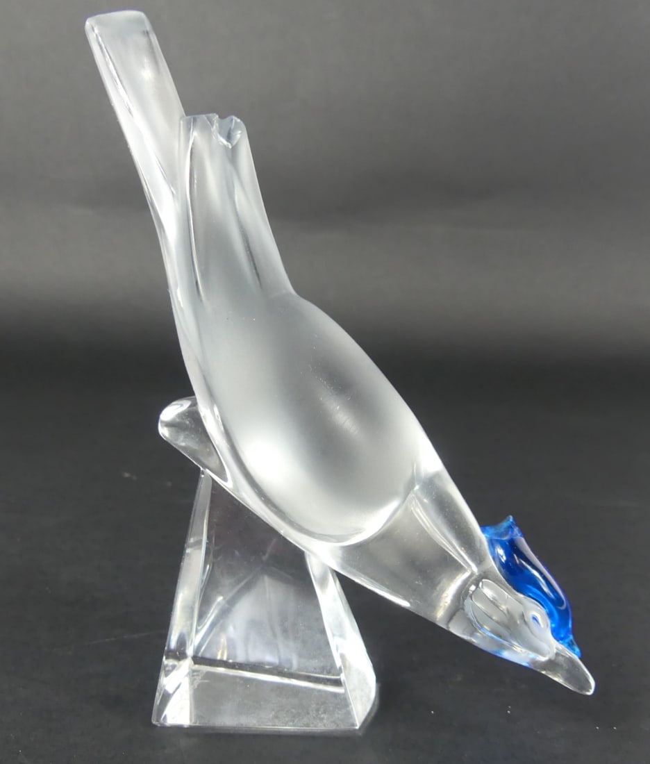 LALIQUE FROSTED CRYSTAL BLUE BIRD FIGURE: Lalique frosted and blue crystal bird. Signed to underside. Measures 5" height. Note: damaged crown and wing.