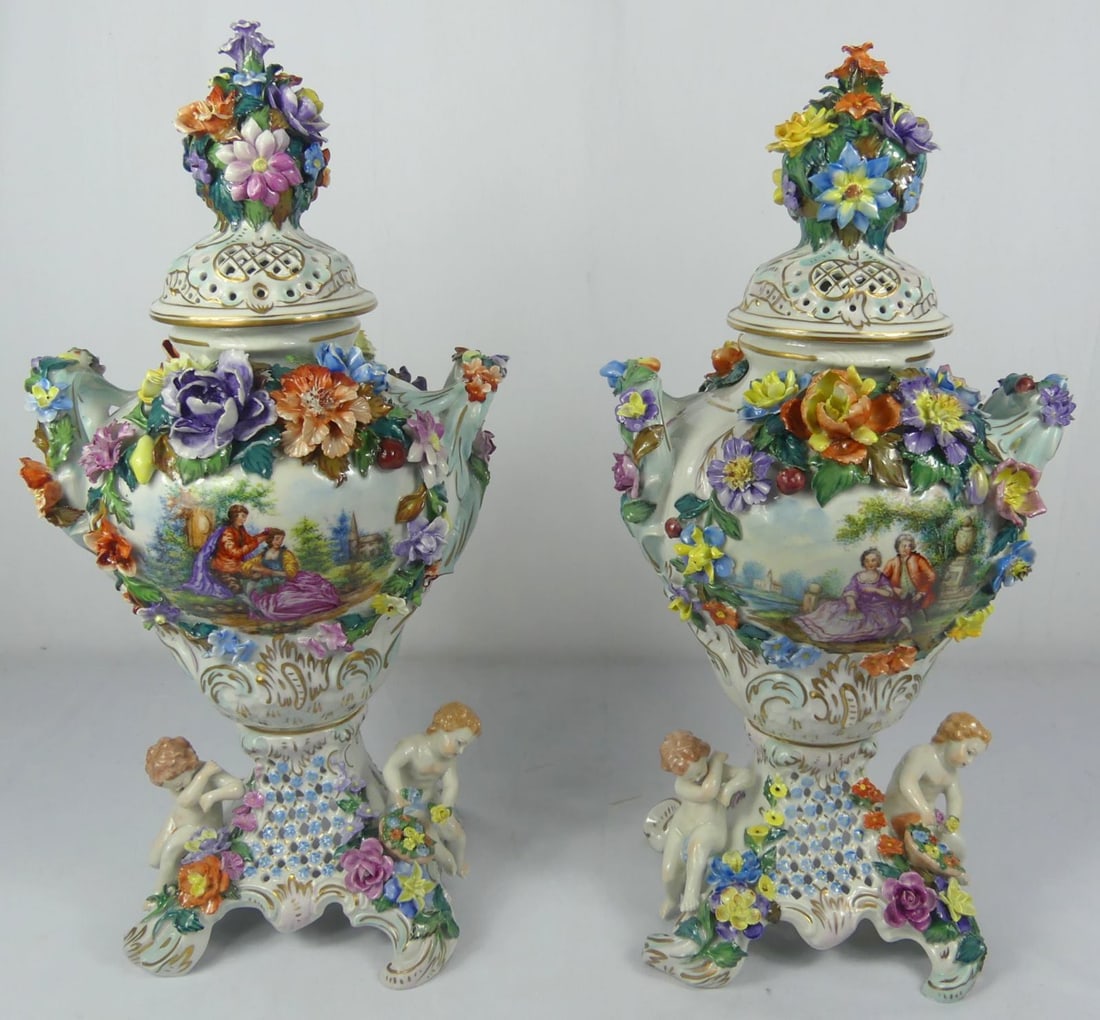 PR DRESDEN FLORAL CHERUB PORCELAIN URNS (1 of 12)