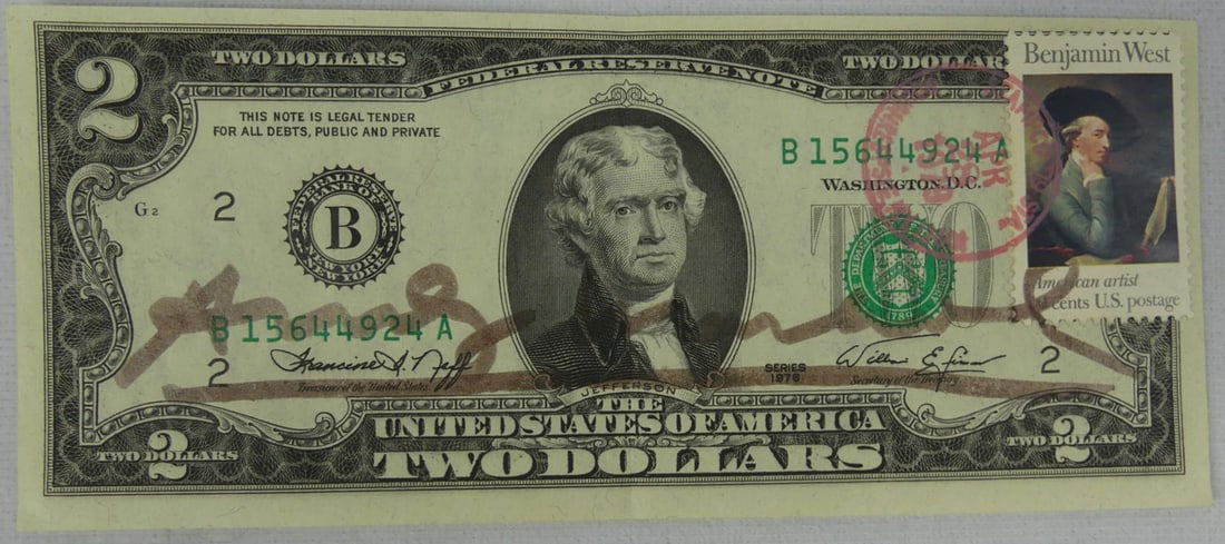 ANDY WARHOL SIGNED 1979 TWO DOLLAR BILL w STAMP (1 of 5)