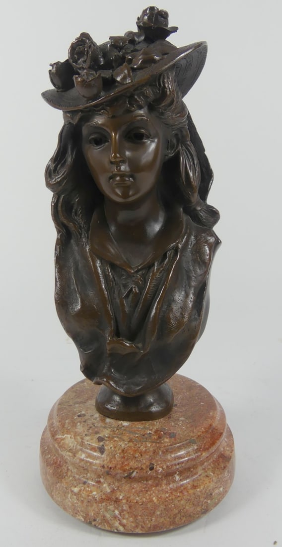 BRONZE BUST OF YOUNG MAIDEN w FLOWERED HAT (1 of 5)