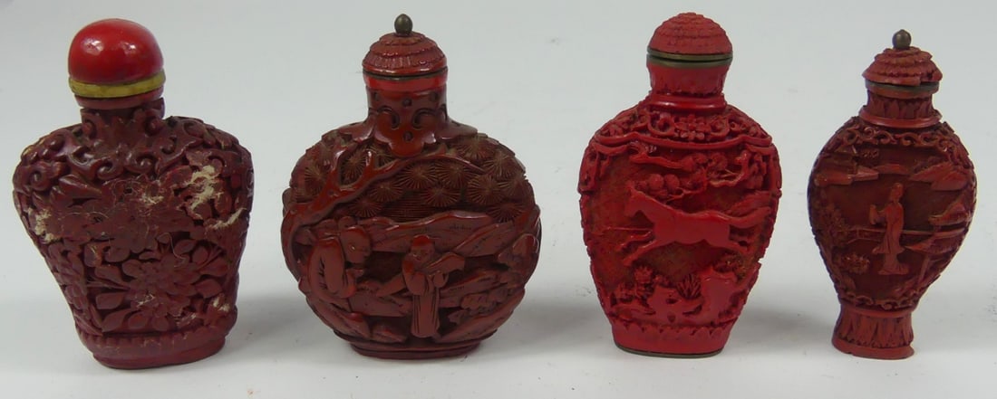 4pc CHINESE CINNABAR STYLE SNUFF BOTTLES (1 of 5)