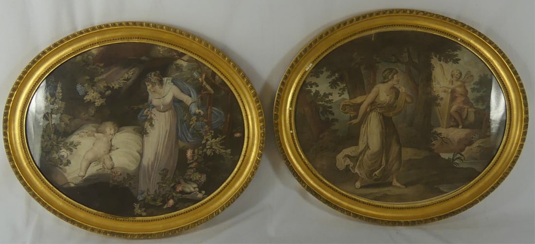 PR FRANCESCO BARTOLOZZI HAND COLORED ENGRAVINGS: Pair of Francesco Bartolozzi hand colored engravings. Each frame measures 16 3/4" x 14 1/2".