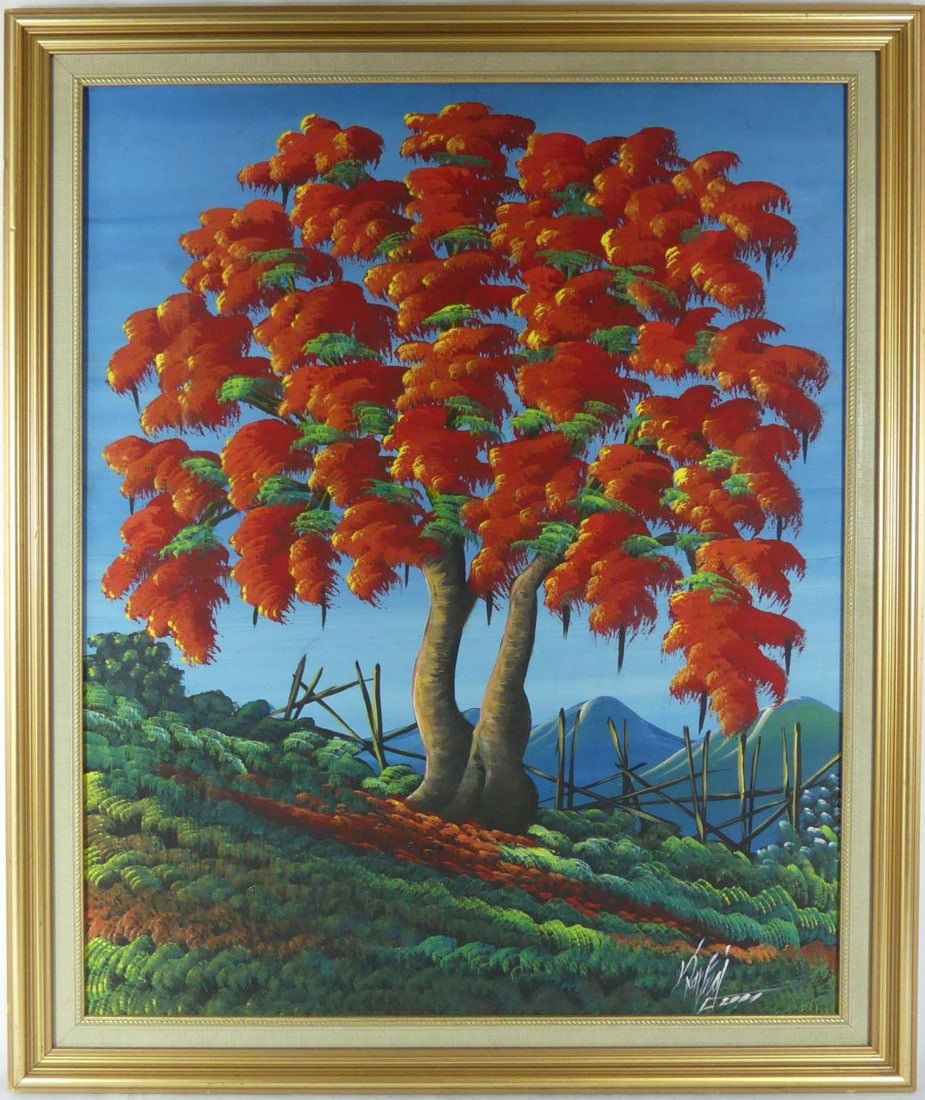 DOMINICAN REPUBLIC LANDSCAPE OIL ON CANVAS: Dominican Republic oil painting on canvas depicting a Royal Poinciana tree. Signed illegibly lower right. Viewable measures 29 1/2" x 23 1/2". Frame measures 34 1/4" x 28 1/4".