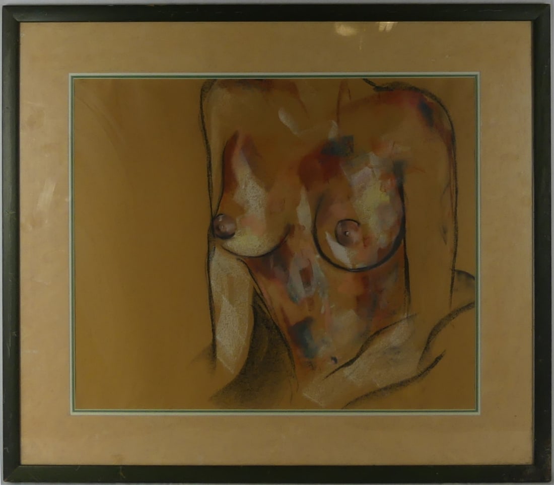 NUDE FEMALE TORSO PASTEL ON PAPER SIGNED: Pastel drawing on paper depicting a nude female torso. Pencil signed illegibly lower right. Viewable measures 21" x 17". Frame measures 28 1/2" x 24 3/4".