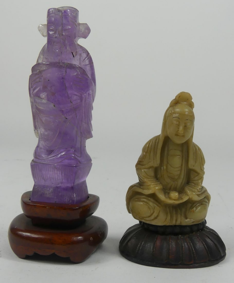 2pc CHINESE CARVED AMETHYST & SOAPSTONE FIGURES (1 of 7)