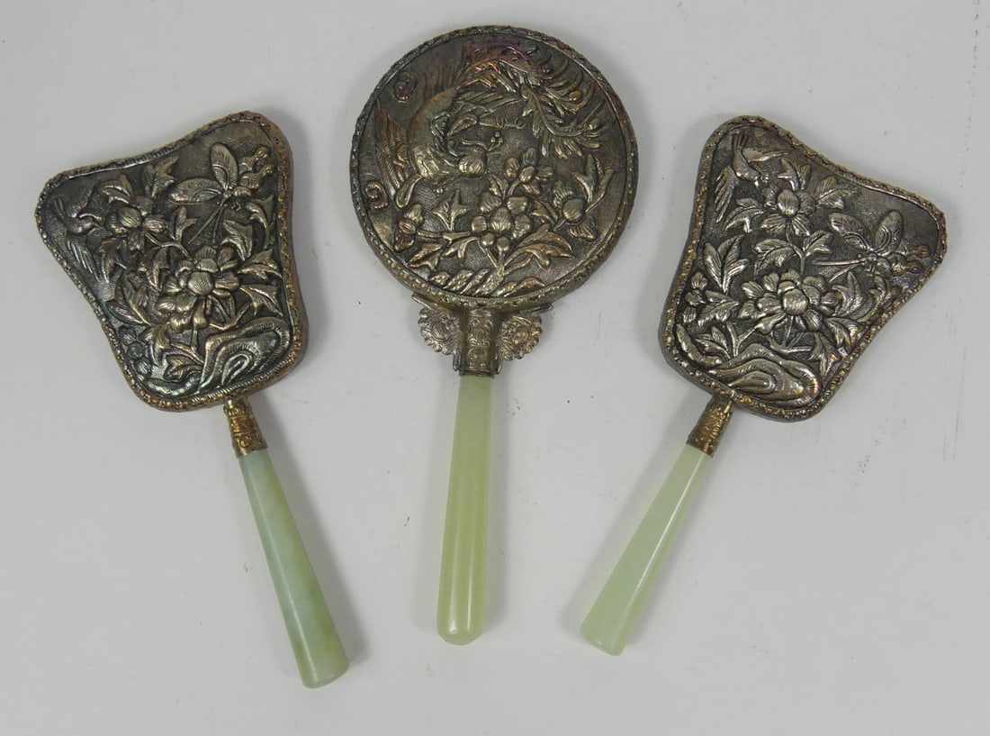 3pc CHINESE JADE HANDLED SILVER-TONE HAND MIRRORS (1 of 3)