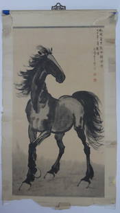 CHINESE INK & WATERCOLOR PAINTING AFTER XU BEIHONG: Chinese ink and watercolor painting depicting a horse after Xu Beihong. Signed upper left. Painting measures 34 1/2" x 19 1/4".