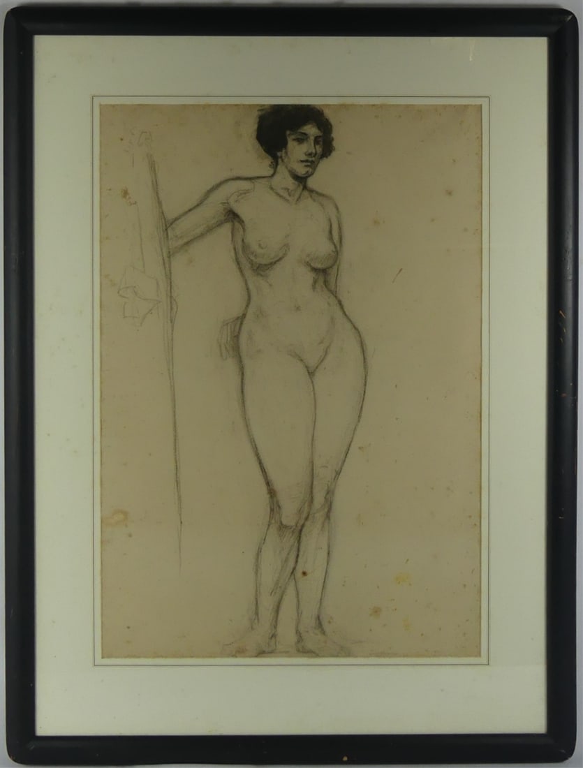 FRENCH ACADEMIC 'STUDY OF NUDE' CHARCOAL DRAWING: French Academic charcoal drawing on paper depicting a standing nude woman. Viewable measures 23 3/8" x 15 7/8". Frame measures 32" x 24".
