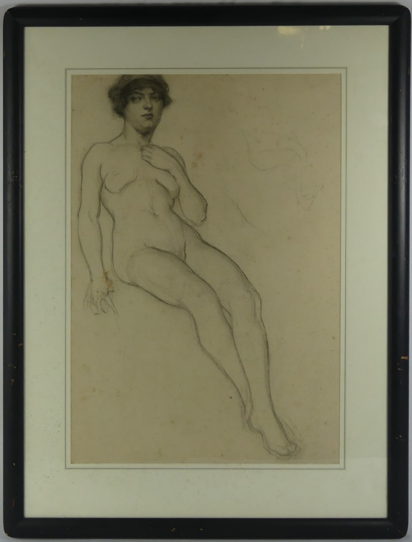 FRENCH ACADEMIC 'STUDY OF NUDE' CHARCOAL DRAWING: French Academic charcoal drawing on paper depicting a reclining nude woman. Viewable measures 23 3/8" x 15 7/8". Frame measures 32" x 24".