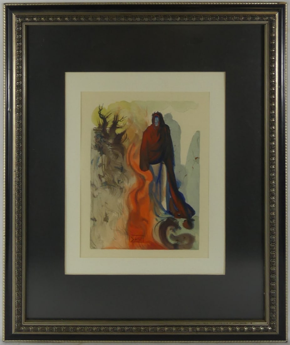 SALVADOR DALI 'INFERNO 34' WOOD ENGRAVING: Salvador Dali woodblock print titled 'The Ghost Spoken of' from Divine Comedy. Signed in the plate. Viewable measures 13 3/8" x 10 3/8". Frame measures 22 3/4" x 18 3/4".