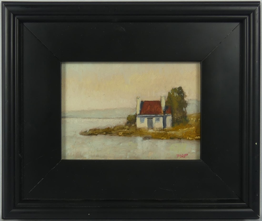 ROBERT FRANK 'COTTAGE AT LANDS END' OIL ON BOARD: Robert Frank oil painting on board. Titled 'Cottage at Lands End'. Initialed lower right. Signed to verso. Viewable measures 6 3/8" x 4 1/2". Frame measures 12 1/4" x 10 3/8".