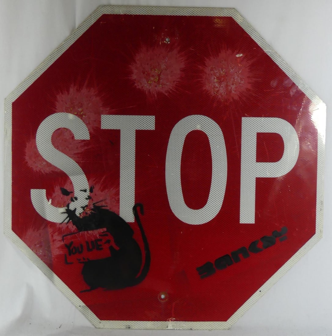 BANKSY RAT STENCILED STOP STREET SIGN (1 of 6)