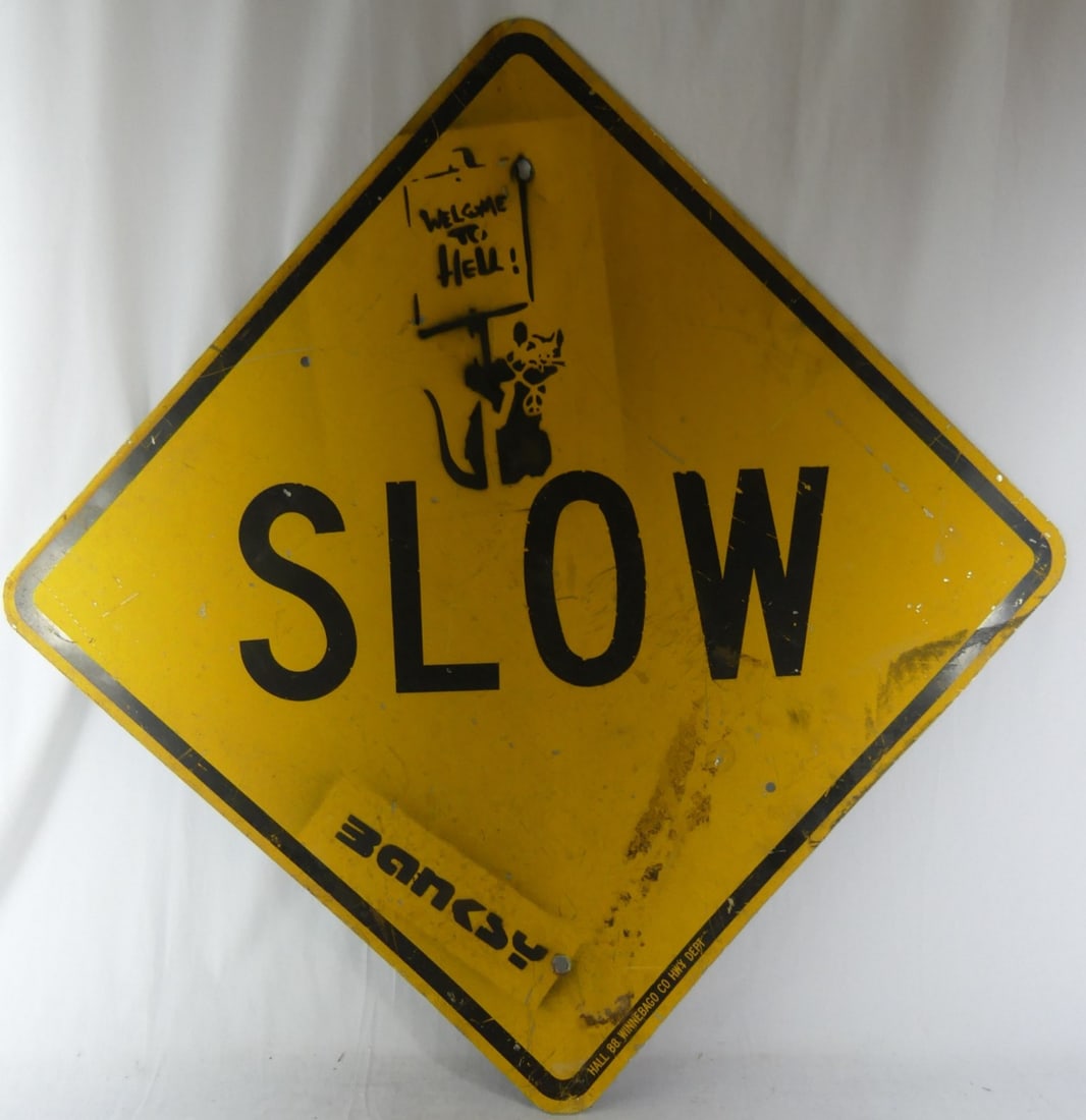 BANKSY WELCOME TO HELL STENCILED SLOW STREET SIGN (1 of 5)