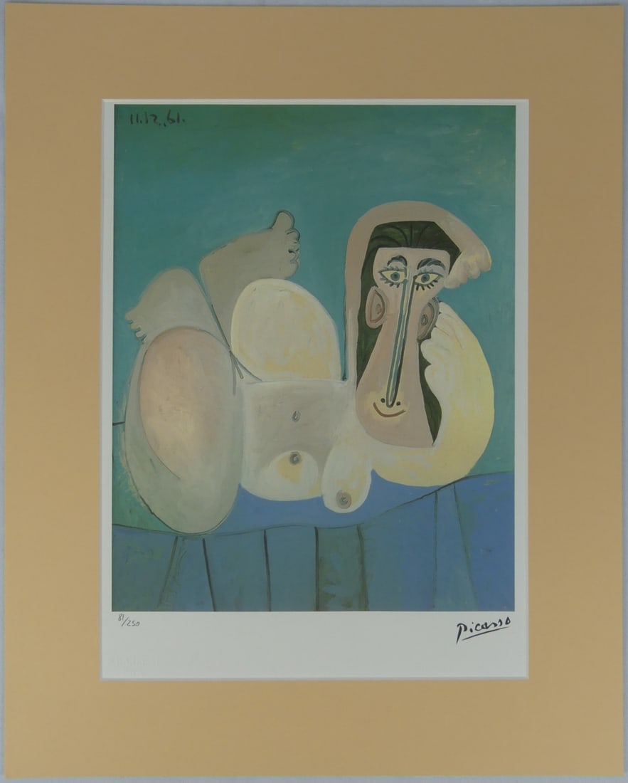 PABLO PICASSO 'NUDE LYING DOWN' LITHOGRAPH: Pablo Picasso 'Nude Lying Down' lithograph. Signed in the plate lower right. Numbered 81/250 and holds SPADEM Paris blindstamp lower left. Viewable measures 14 5/8" x 10 5/8". Mat measures 19 3/4" x 1