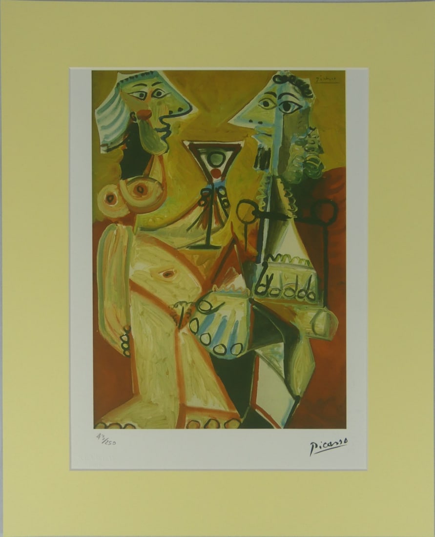 PABLO PICASSO 'COPPIA CHE BEVE' LITHOGRAPH: Pablo Picasso 'Coppia Che Beve' lithograph. Signed in the plate lower right. Numbered 43/250 and holds SPADEM Paris blindstamp lower left. Viewable measures 14 5/8" x 10 5/8". Mat measures 19 3/4" x 1