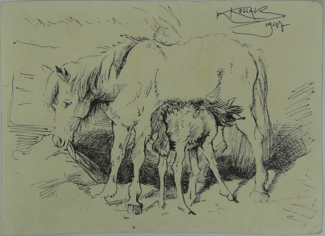 KAROL KOSSAK 'MARE & FOAL' INK ON PAPER (1 of 4)