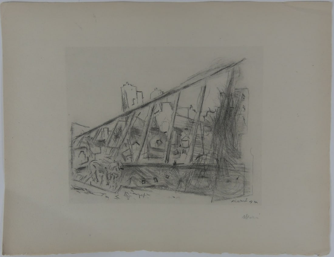 JOHN MARIN 'BROOKLYN BRIDGE 6' SIGNED COLLOTYPE: John Marin collotype on watermarked Johannot wove paper. Titled 'Brooklyn Bridge No 6'. Pencil signed lower right. Sheet measures 12 3/4" x 9 7/8".