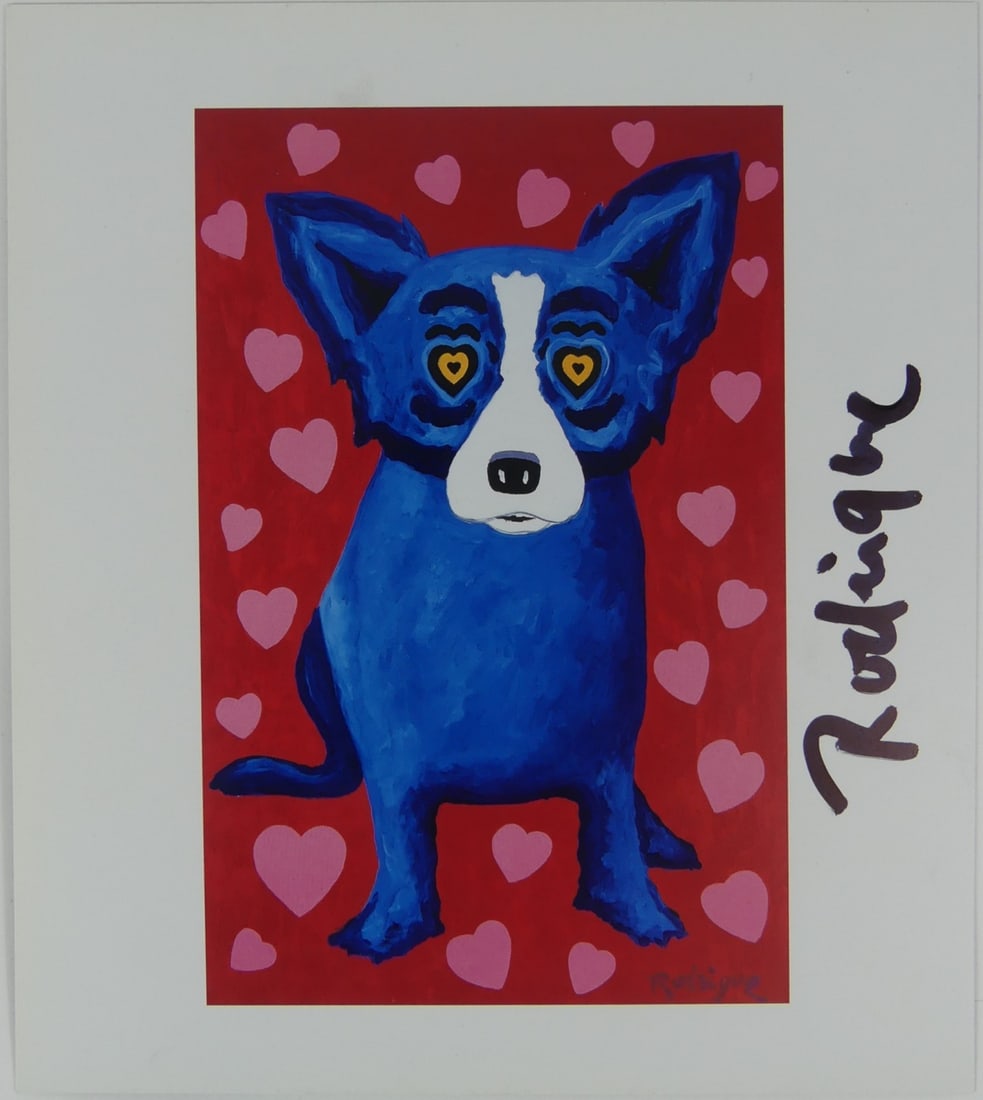 BLUE DOG WITH PINK HEARTS SIGNED PRINT (1 of 4)