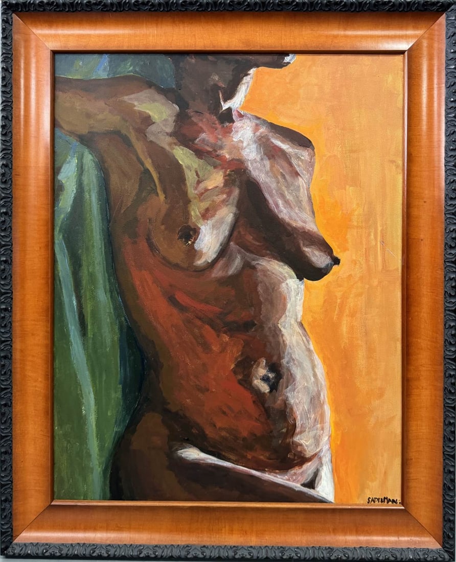 SUSAN ADELMAN 'NUDE' OIL PAINTING ON CANVAS: Susan Adelman oil painting on canvas depicting a nude black woman. Signed lower right. Viewable measures 27 3/4" x 21 1/2". Frame measures 33 3/4" x 27 3/4".