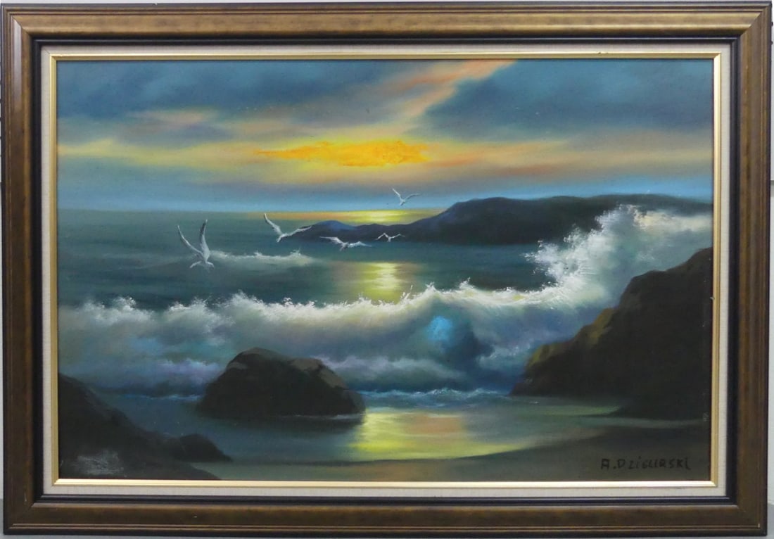 ALEXANDER DZIGURSKI STYLE SEASCAPE OIL ON CANVAS: Style of Alexander Dzigurski oil painting on canvas depicting a rocky coastal seascape. Signed lower right. Viewable measures 35" x 22 1/4". Frame measures 41 1/4" x 28 1/2".