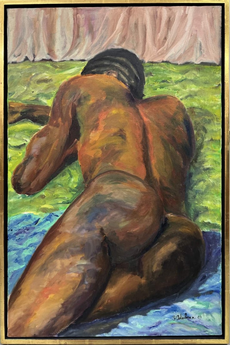 SUSAN ADELMAN 'RECLINING NUDE MALE' OIL / CANVAS: Susan Adelman oil painting on canvas depicting a reclining nude male. Signed lower right and dated 2003. Frame measures 31 1/2" x 21".