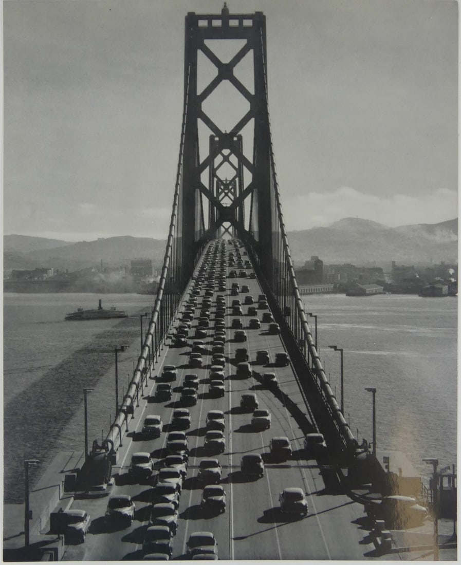 ANSEL ADAMS 'OAKLAND BAY BRIDGE' PHOTO-LITHO: Ansel Adams 'San Francisco-Oakland Bay Bridge' photo litho. Stamped to verso. Measures 11 1/8" x 9".