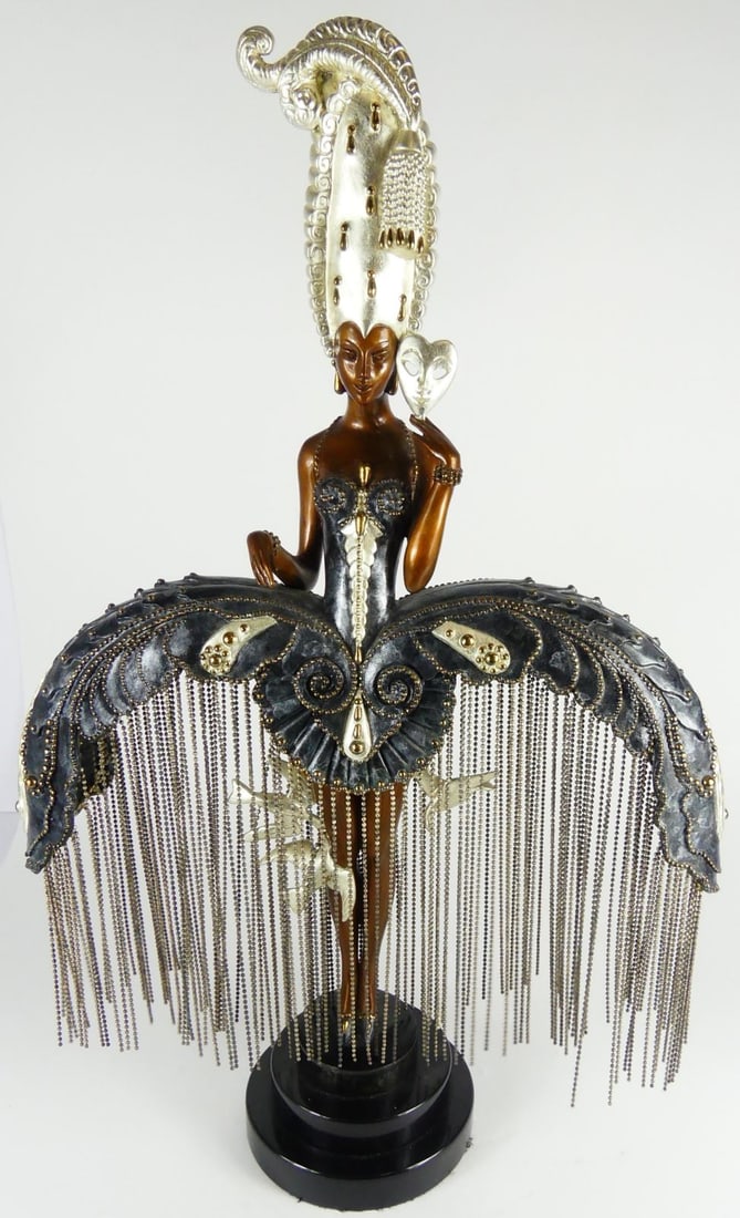 ERTE 'HER SECRET ADMIRERS' BRONZE SCULPTURE: Romain De Tirtoff, Erte (Russian/French, 1892-1990) cold-painted bronze sculpture titled 'Her Secret Admirers'. Signed to edge of dress. Numbered 108/375, dated 1988 and marked Chalk & Vermilion and S