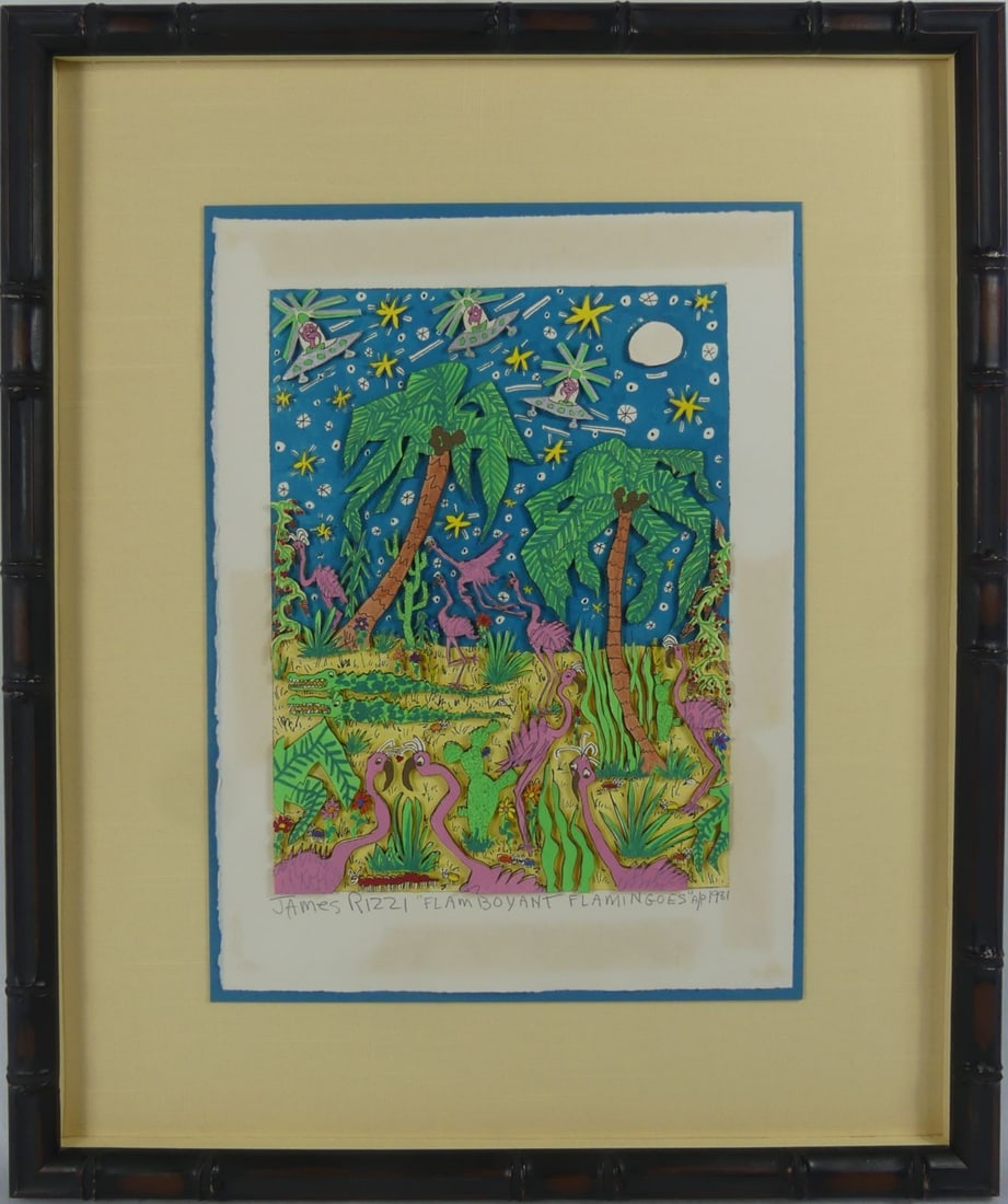 JAMES RIZZI 'FLAMBOYANT FLAMINGOES' 3D SERIGRAPH: James Rizzi 3D serigraph titled 'Flamboyant Flamingoes'. Pencil signed lower left. Titled lower center. Marked A/P and dated 1981 lower right. Measures 15 1/4" x 11". Frame measures 23 1/4" x 19".