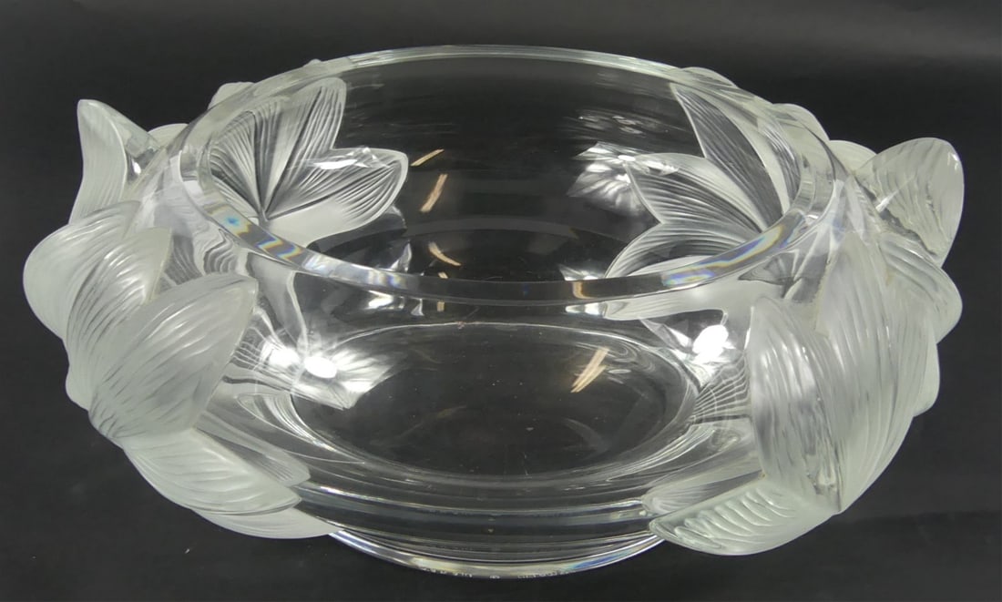 LALIQUE 'PIVOINE' FROSTED CRYSTAL CENTERPIECE BOWL: Lalique 'Pivoine' frosted French crystal peonies bowl. Marked to underside. Measures 11 1/4" x 10".