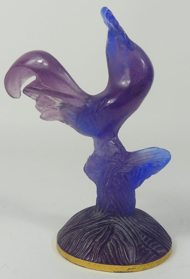 DAUM PATE DE VERRE ART GLASS ROOSTER: Daum Pate de Verre art glass rooster. Gilt base. Signed to underside. Measures 6 1/4" height.