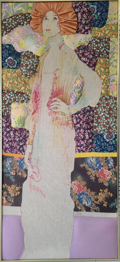 RON FRITTS 'LADY SARAH' MIXED MEDIA ON CANVAS: Ron Fritts (American, 20th C) mixed media on canvas with fabric embellishments. Titled 'Lady Sarah'. Signed lower right. Measures 53 1/2" x 25 1/2" + 5/16" frame.