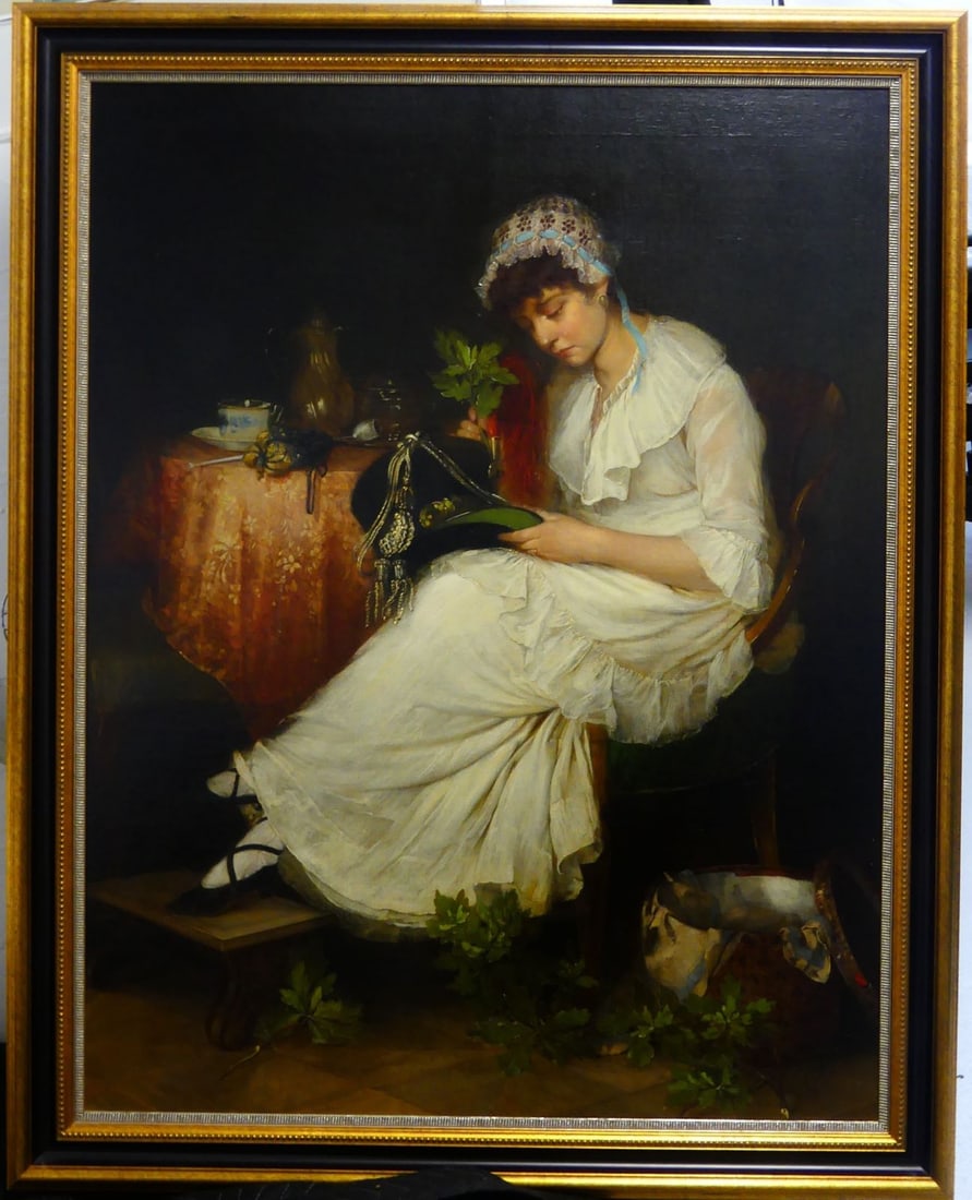 LOUISE MAX-EHRLER 'WIDOW' OIL PAINTING ON BOARD: Louise Max-Ehrler (Italian/Austrian, 1850-1920) oil painting on board depicting a seated young woman holding a hat with tear in her eye. Signed upper left. Measures 38" x 29 1/4" + 2 3/4" frame.