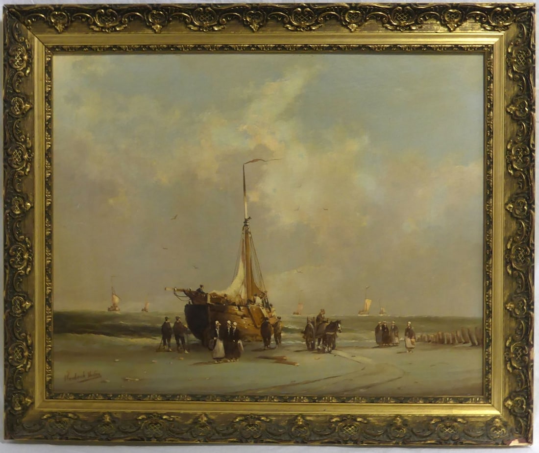 HENDRIK VADER 'RETOUR DE PECHEURS' OIL ON BOARD: Hendrick Vader (Belgian, 1928-1997) oil painting on wood panel depicting a vessel with fisherman returning from sea. Signed lower left, Measures 27 1/2" x 22" + 3" frame.