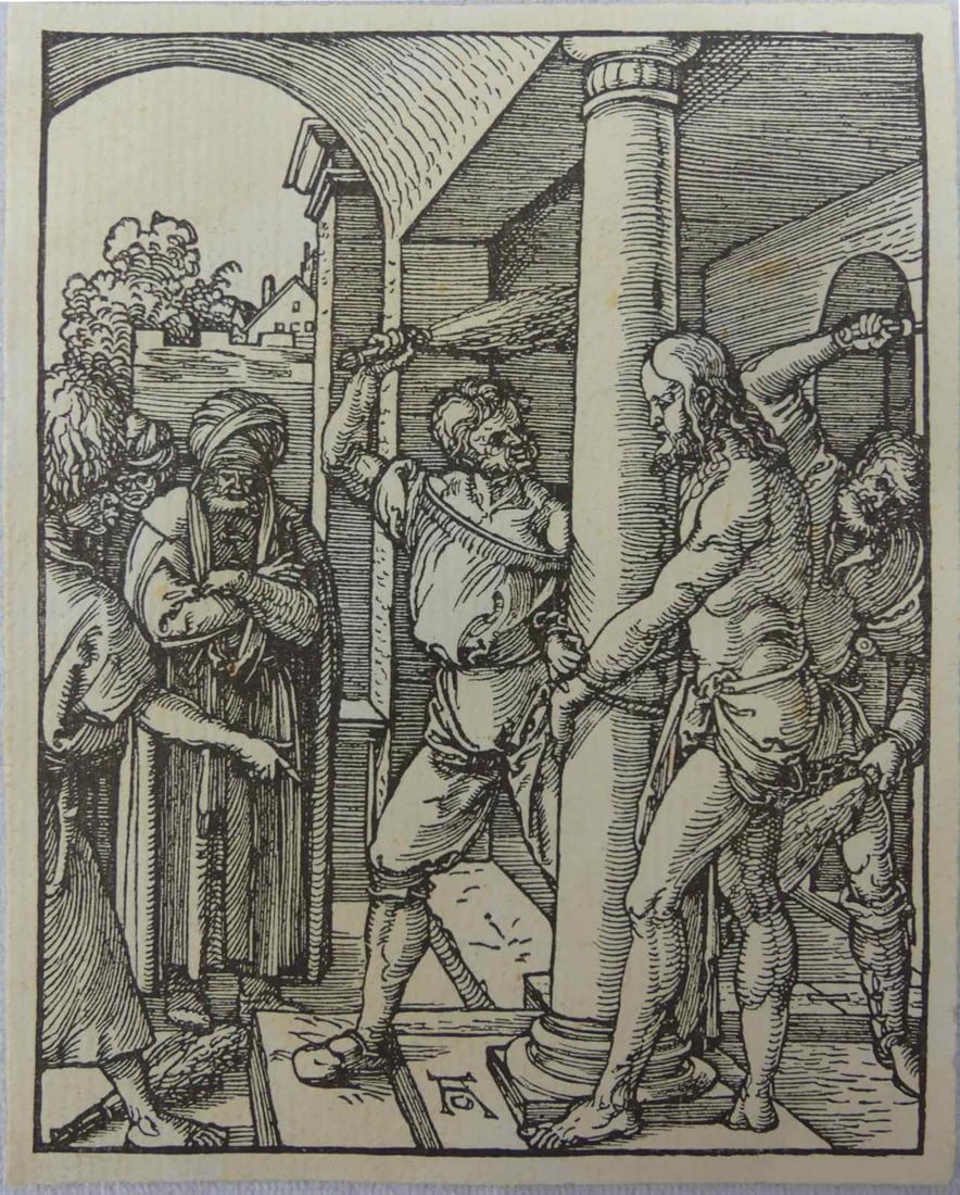 ALBRECHT DURER 'FLAGELLATION OF CHRIST' WOODCUT: Albrecht Durer wood engraving from The Small Passion. Titled 'Flagellation of Christ'. Monogrammed in the plate lower right. Holds Helios watermark. Sheet measures 5 1/4" x 4 1/8".
