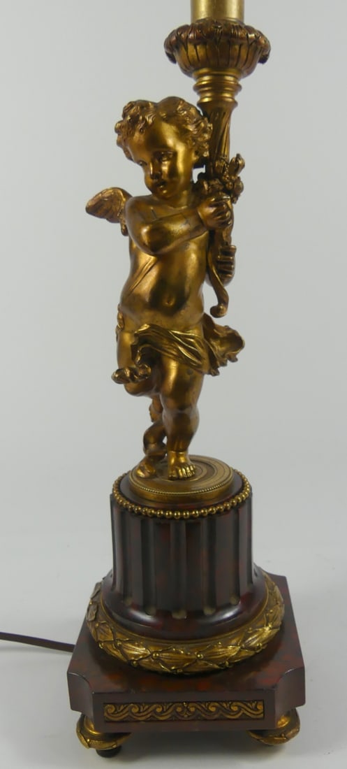 FRENCH GILT BRONZE & ROUGE MARBLE CHERUB LAMP (1 of 5)