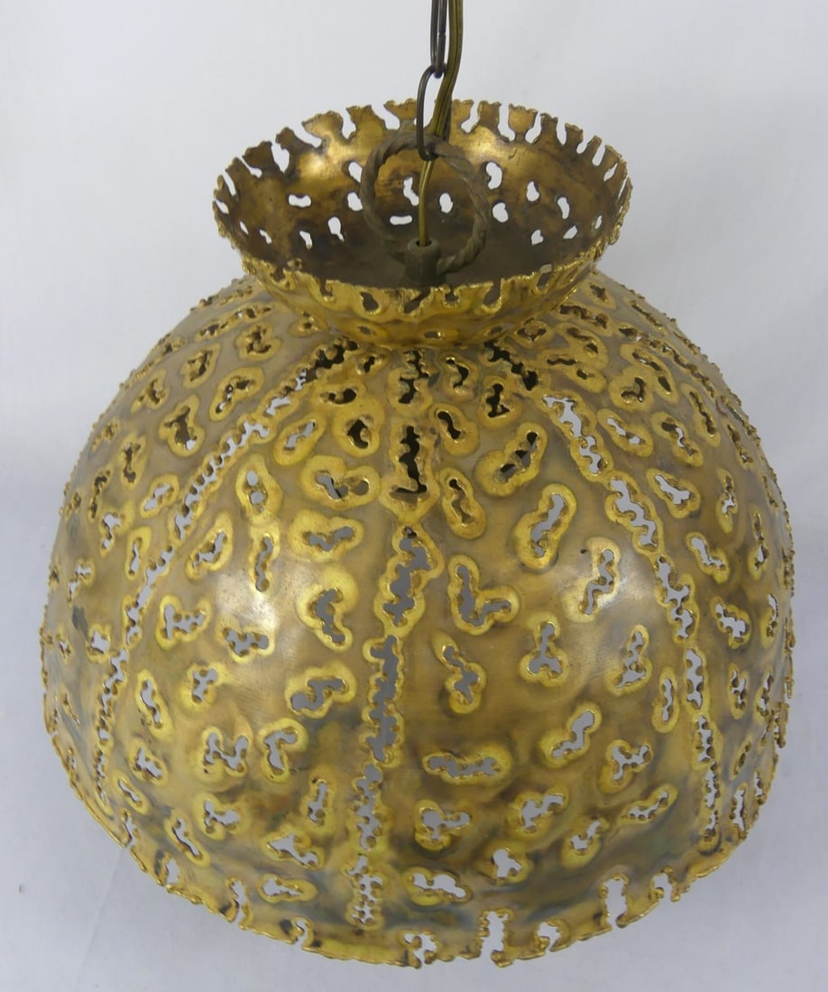 BRUTALIST TORCH CUT BRASS HANGING LAMP TOM GREENE (1 of 7)