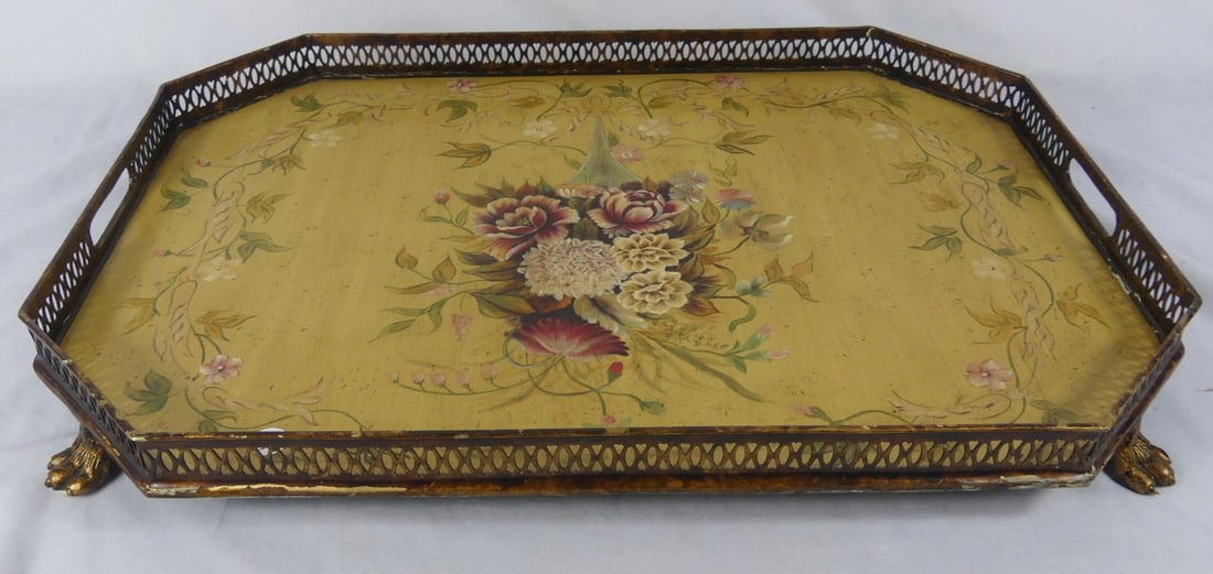 VICTORIAN STYLE TOLEWARE FLORAL FOOTED TRAY (1 of 7)