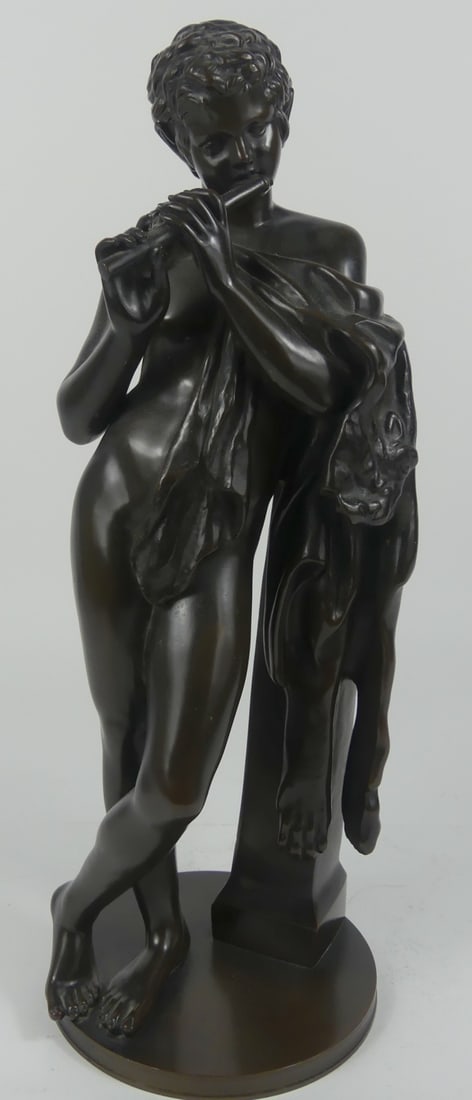 FERDINAND BARBEDIENNE BRONZE FAWN w FLUTE: Ferdinand Barbedienne bronze sculpture depicting a nude fawn playing flute. Signed F. Barbedienne Fondeur and stamped 'Reduction Mecanique A Collas' to base. Measures 15" height.