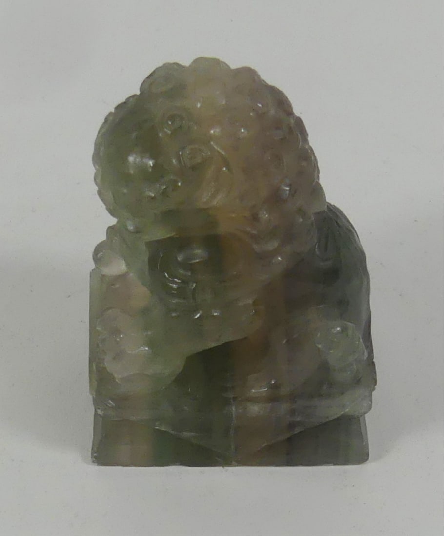 CHINESE CARVED FLUORITE FOO LION: Chinese carved fluorite sculpture of a foo dog. Measures 4" x 2 3/4".
