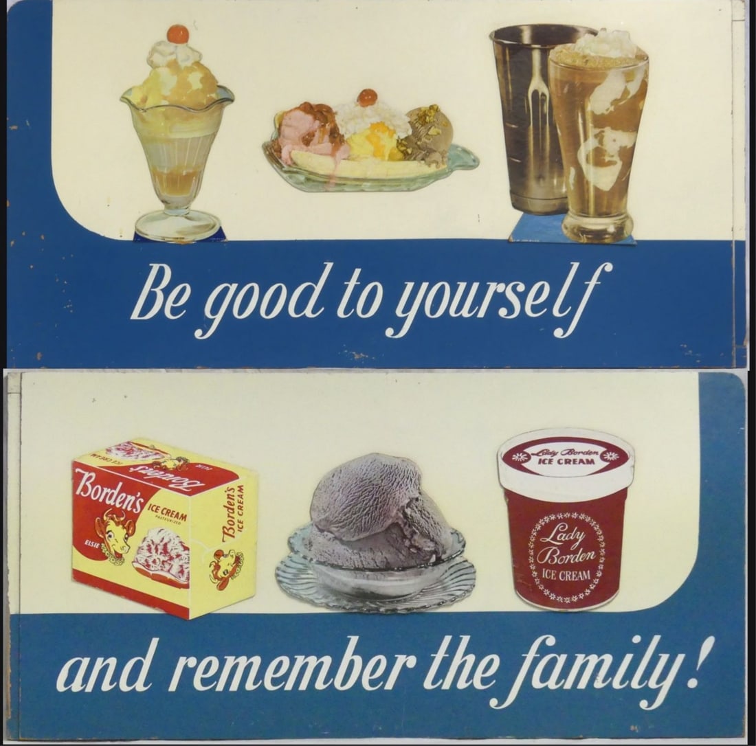 2pc BORDENS ICE CREAM VINTAGE SIGNS: Borden's Ice Cream two panel vintage sign. Each panel measures 48" x 24".