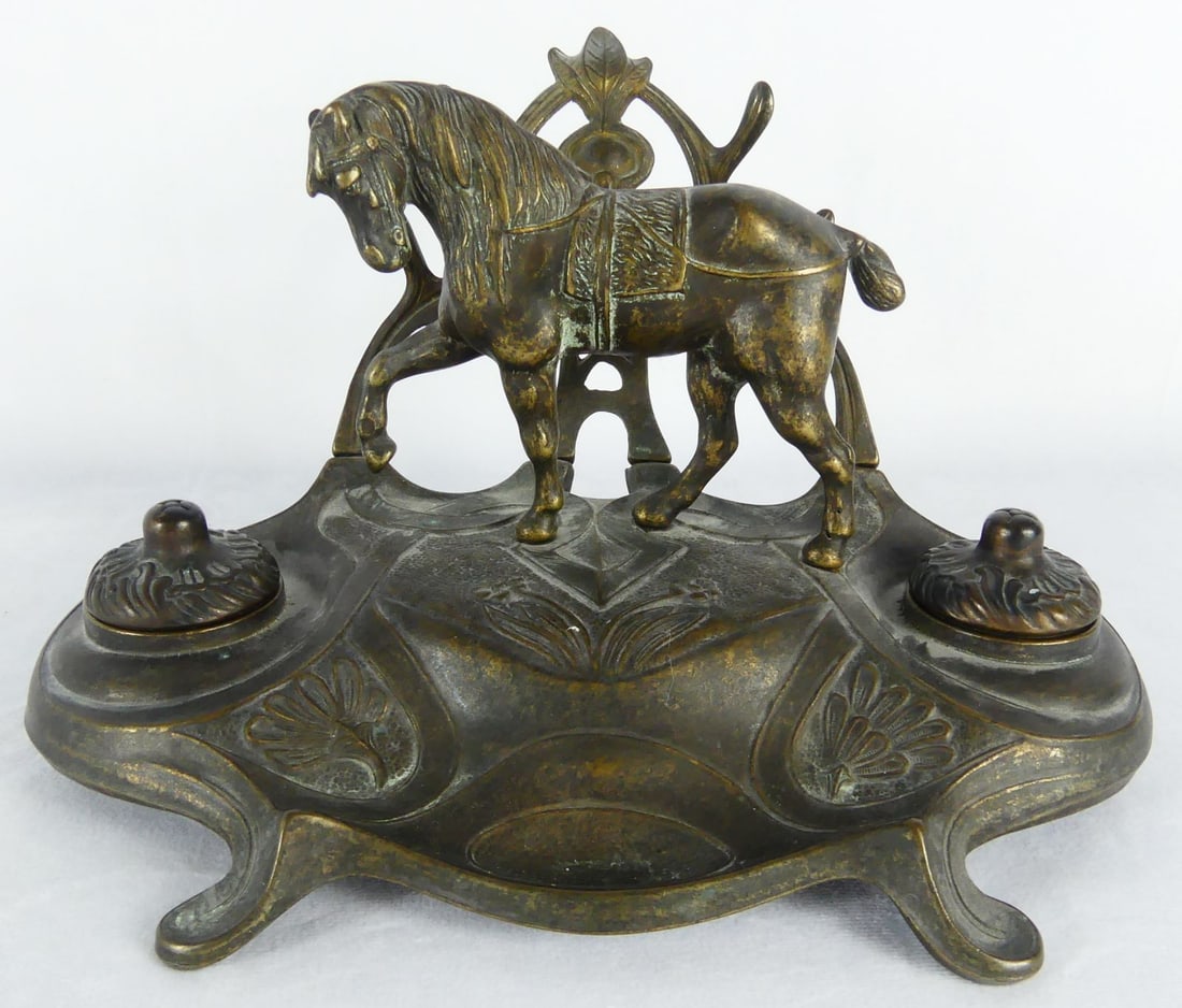 BRONZED DOUBLE INKWELL w HORSE (1 of 8)