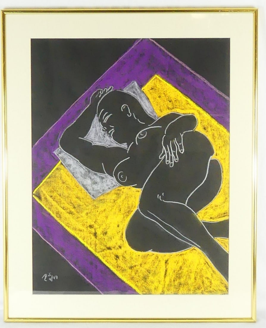 PASTEL ON PAPER RECLINING BLACK NUDE FIGURE SIGNED: Pastel on paper depicting a reclining black nude figure. Signed BS and dated September 1999 lower left. Measures 24 3/4" x 19 1/4" + 2 3/4" mat & frame.