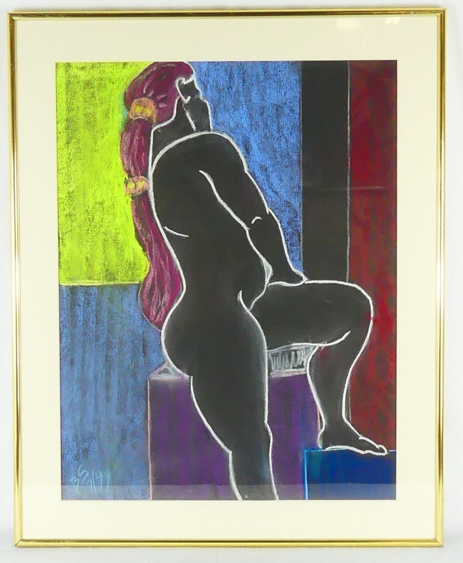 PASTEL ON PAPER 'BLACK NUDE FIGURE' SIGNED: Pastel on paper depicting a black nude figure. Signed BS and dated July 1999 lower left. Measures 24 3/4" x 19 3/4" + 2 3/4" mat & frame.