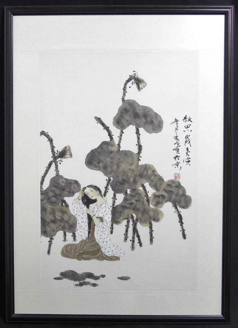 CHINESE MAIDEN & LOTUS WATERCOLOR SCROLL PAINTING: Chinese watercolor scroll painting depicting a seated maiden and lotus plants. Signed and holds calligraphy upper right. Measures 26 3/4" x 17 1/4" + 4 1/2" mat & frame.