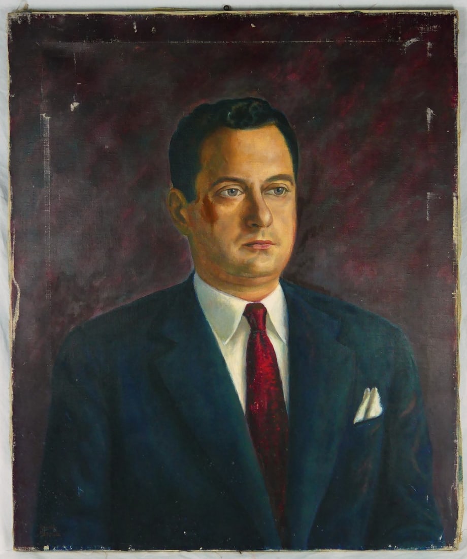 JAMES BONELLI 'SELF PORTRAIT' OIL ON CANVAS: James P. Bonelli (American, 1916-2000) self portrait oil painting on canvas. Signed lower left. Measures 30" x 25".