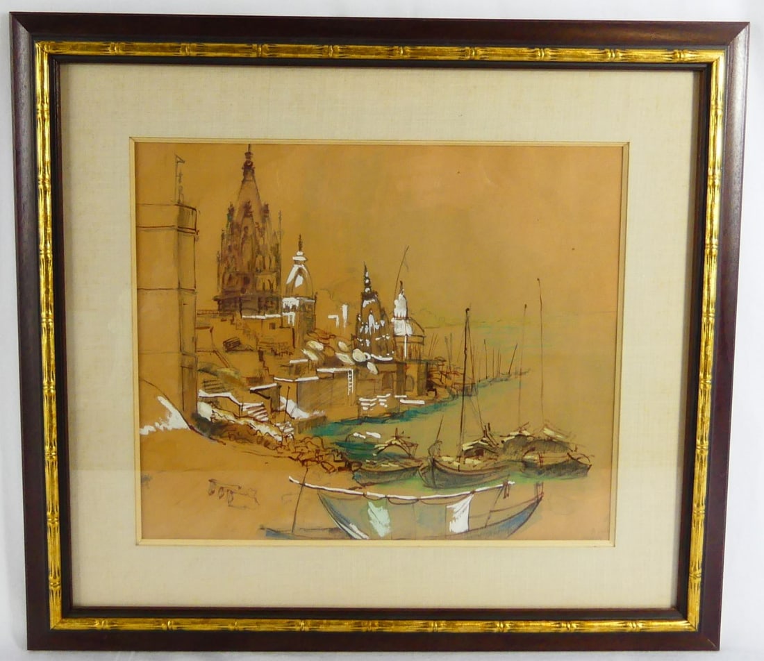 FREDDY WITTOP 'VENETIAN CATHEDRAL' MIXED MEDIA: Freddy Wittop (American, 1911-2001) mixed media with watercolor and gouache on paper depicting a Cathedral on a coastline with vessels, probably in Venice. Signed lower right, obscured by mat. Measure